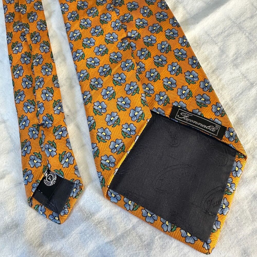 Very Nice Faconnable Silk Tie 60" x 3.75" Orange Blue Pansy Floral Herringbone
